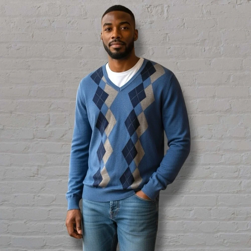 Banana Republic Men’s Silk Cashmere Blend Argyle V-Neck Sweater Blue Size L